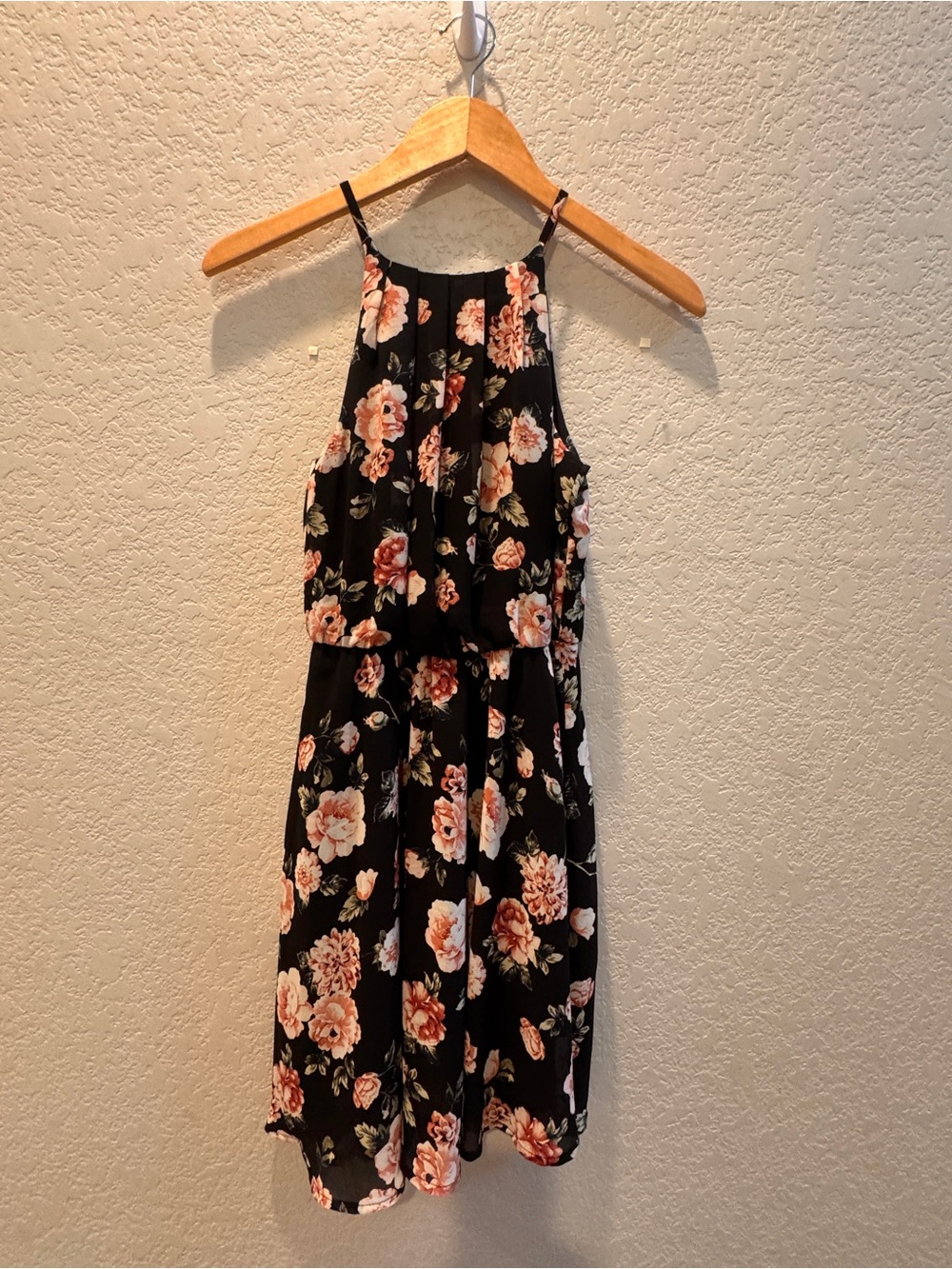Black Floral Wrap Dress with Peach & Cream Blooms